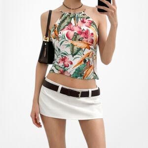 Vintage Y2K Floral Tropical Print Halter Neck Blouse Top Size S